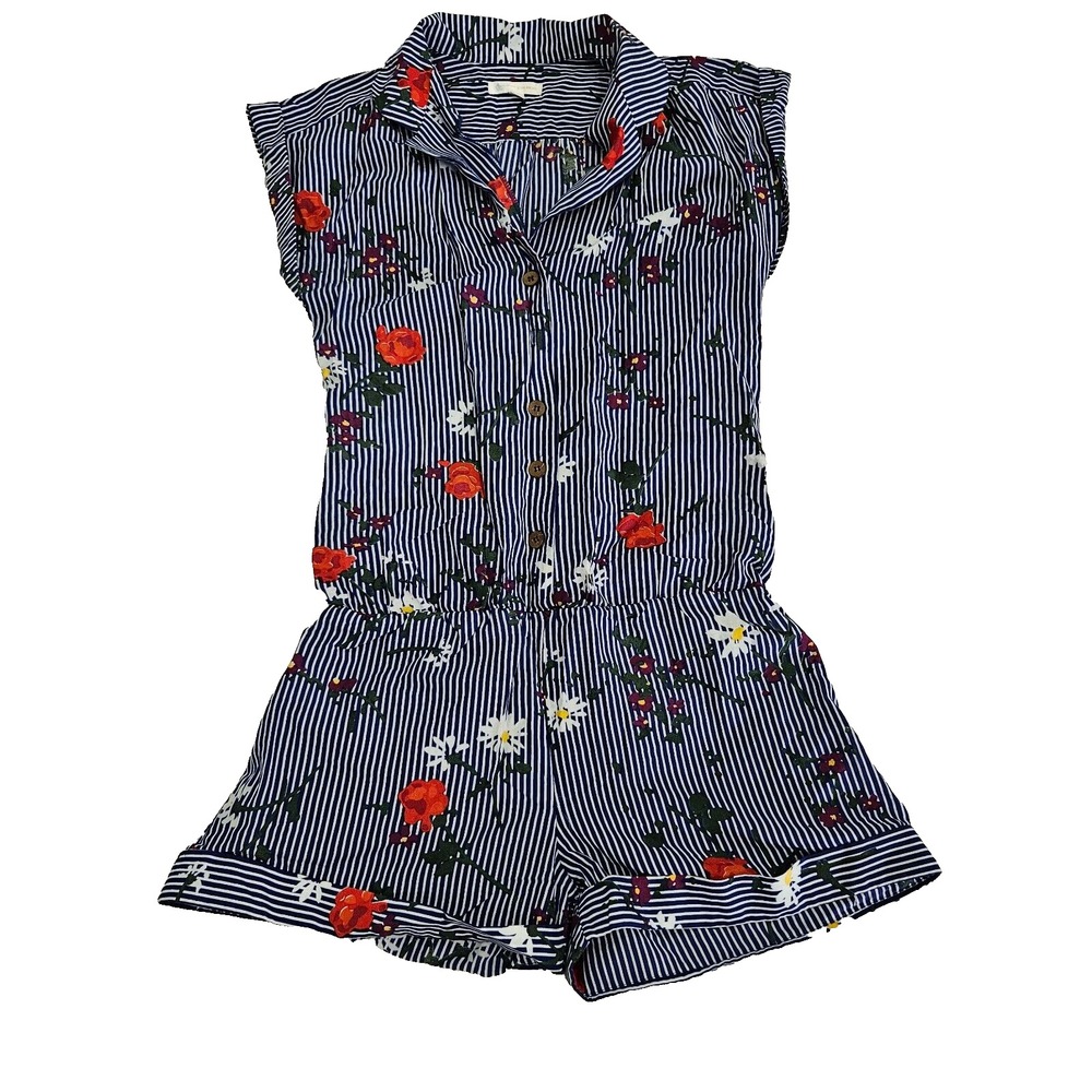 Josh Brody Women's Sz M Striped Floral Button Up Silk Blend Collared Romper